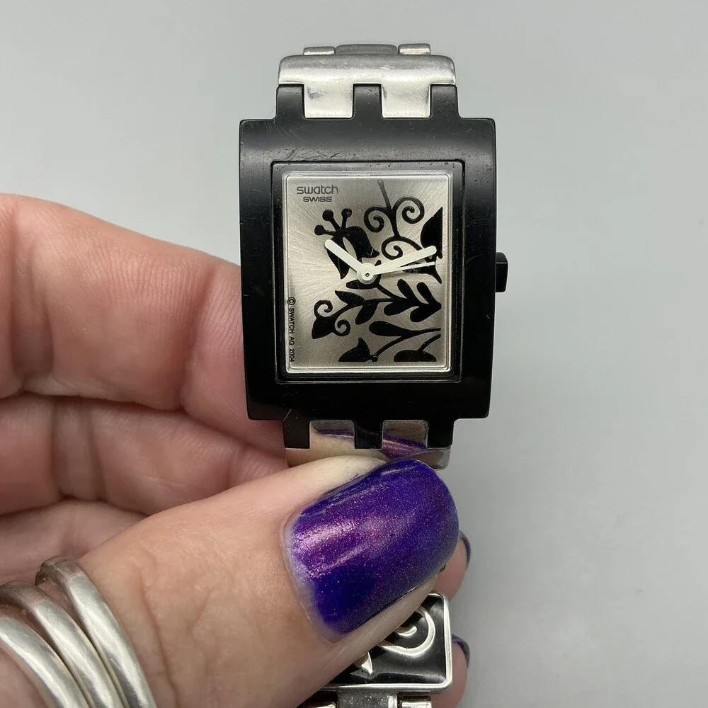 Vintage Swatch Womens Watch 24mm Silver Tone Black Floral Swiss New Battery 7